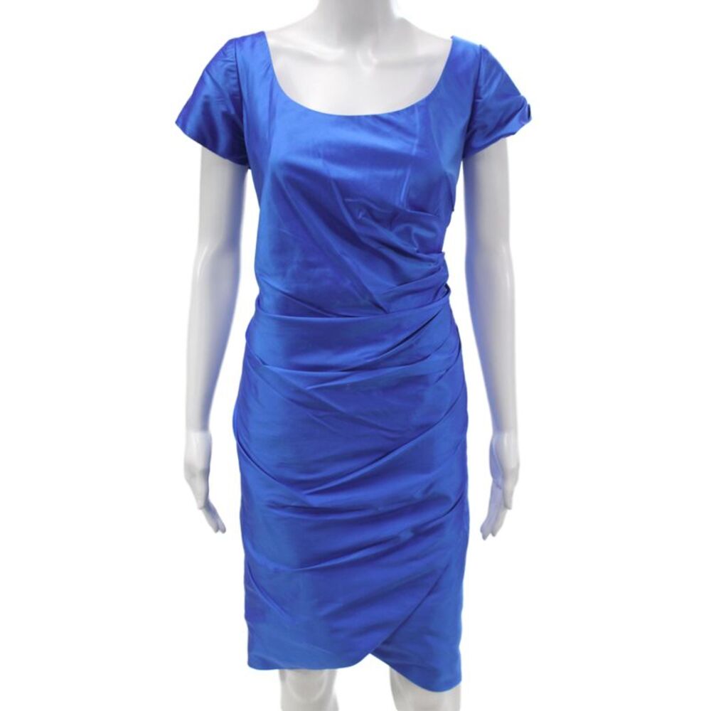 Marisa Baratelli Womens Sheath Dress Blue Thai Silk Short Sleeve Size 14